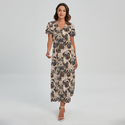 Cute Pug Pattern Print Short Sleeve Maxi Dress
