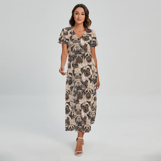 Cute Pug Pattern Print Short Sleeve Maxi Dress