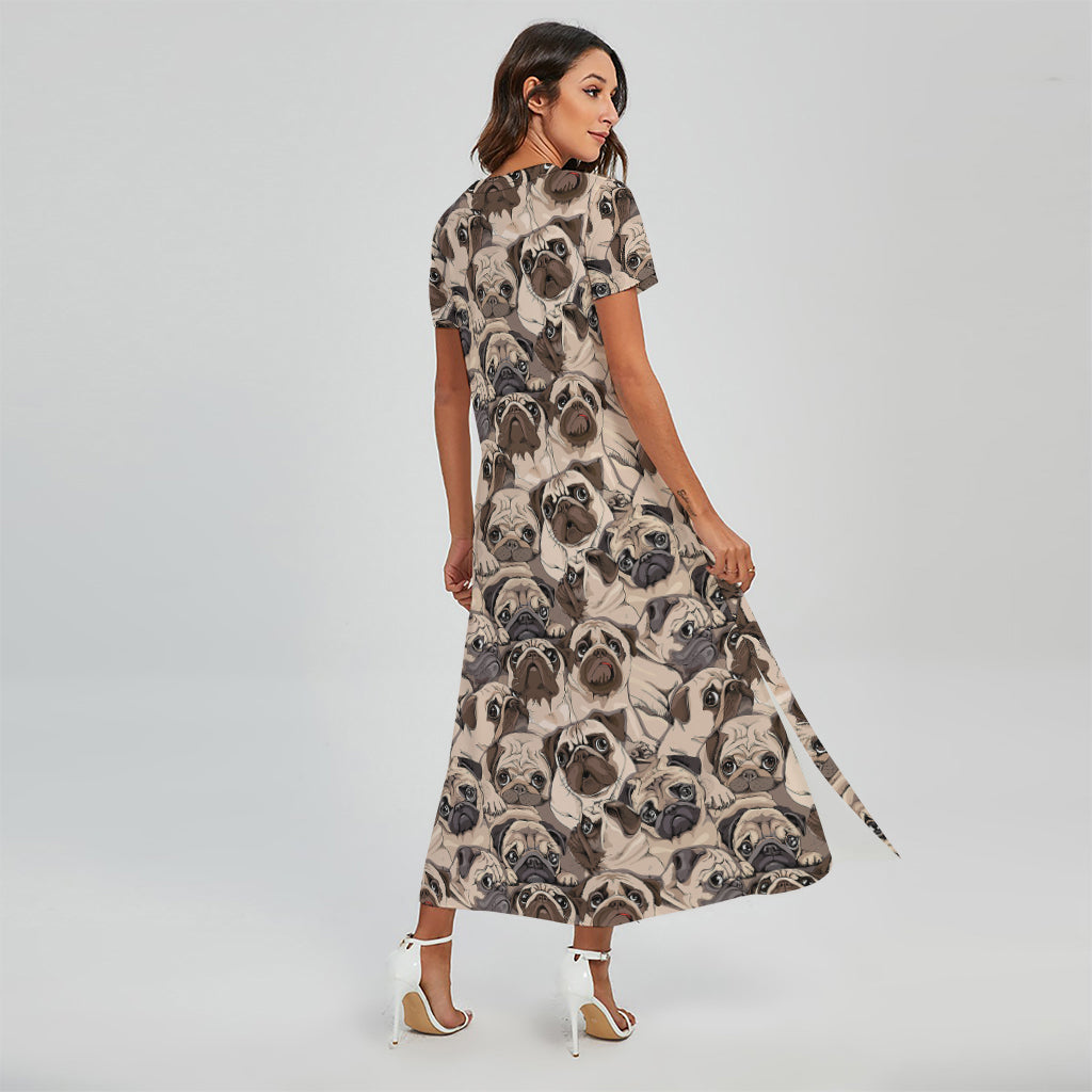 Cute Pug Pattern Print Short Sleeve Maxi Dress