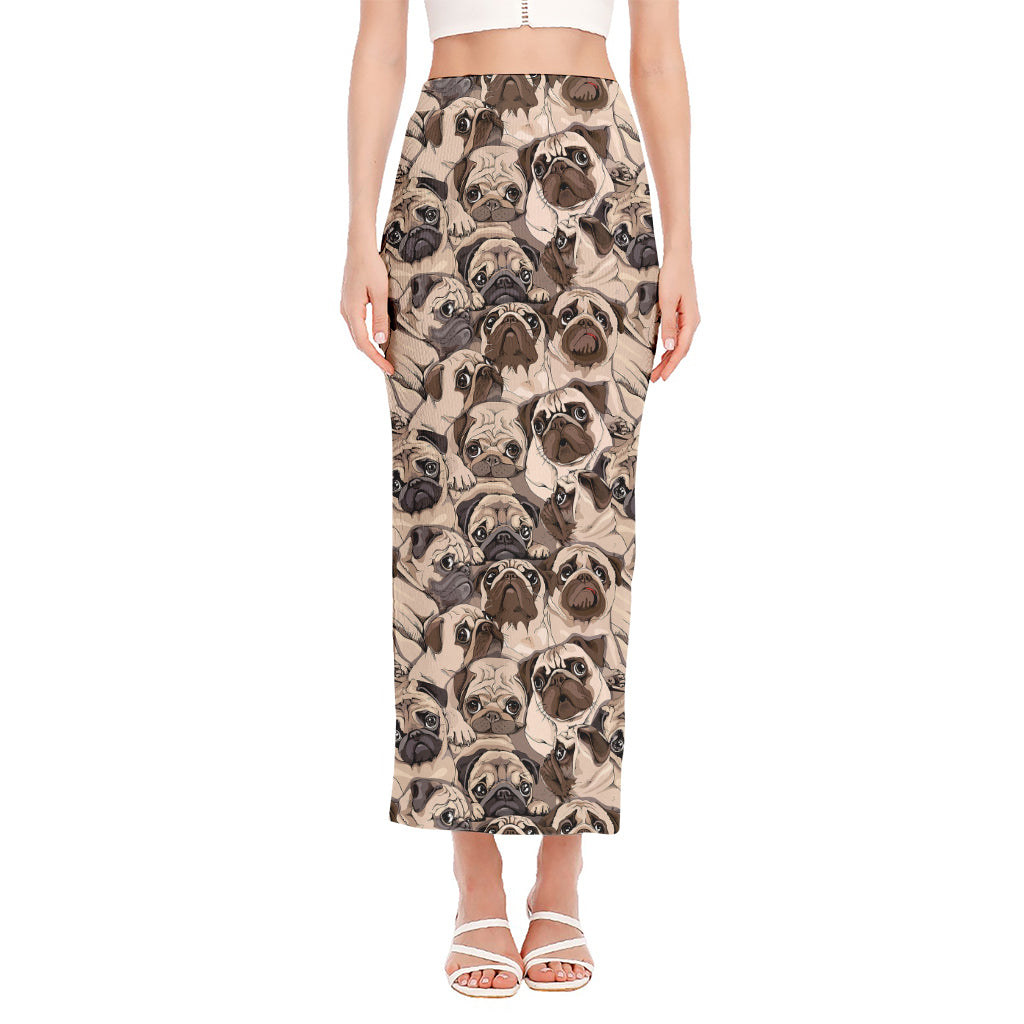 Cute Pug Pattern Print Side Slit Maxi Skirt