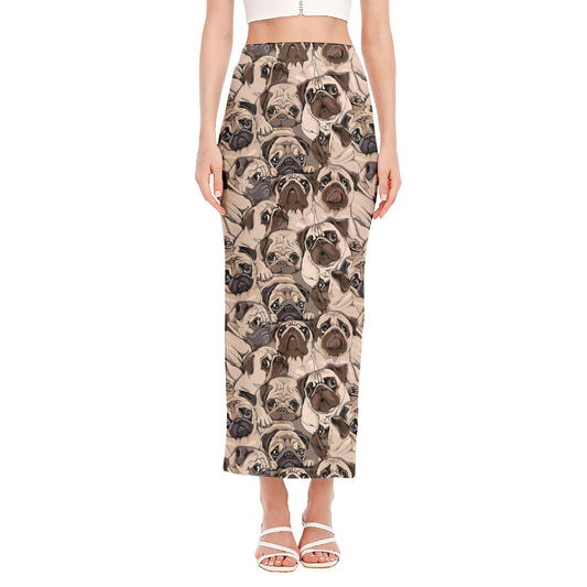 Cute Pug Pattern Print Side Slit Maxi Skirt
