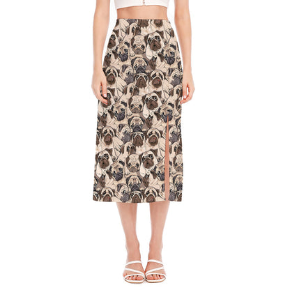 Cute Pug Pattern Print Side Slit Midi Skirt