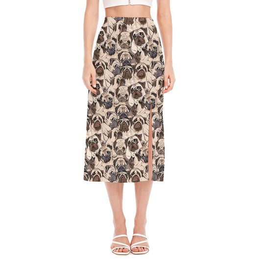 Cute Pug Pattern Print Side Slit Midi Skirt