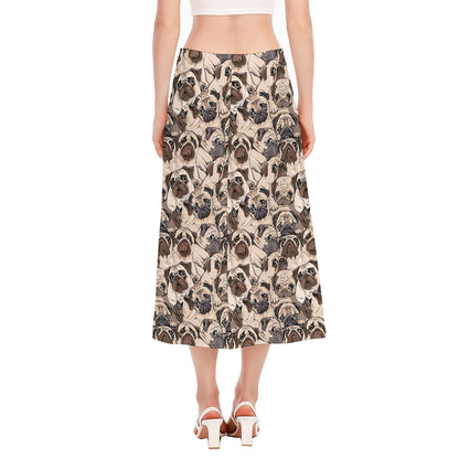 Cute Pug Pattern Print Side Slit Midi Skirt