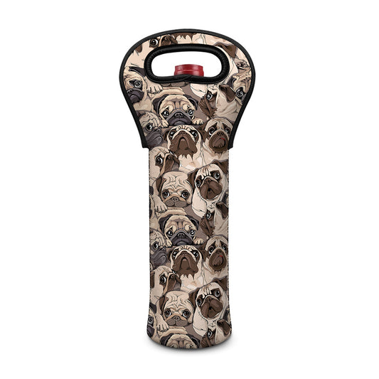 Cute Pug Pattern Print Single Neoprene Wine Tote