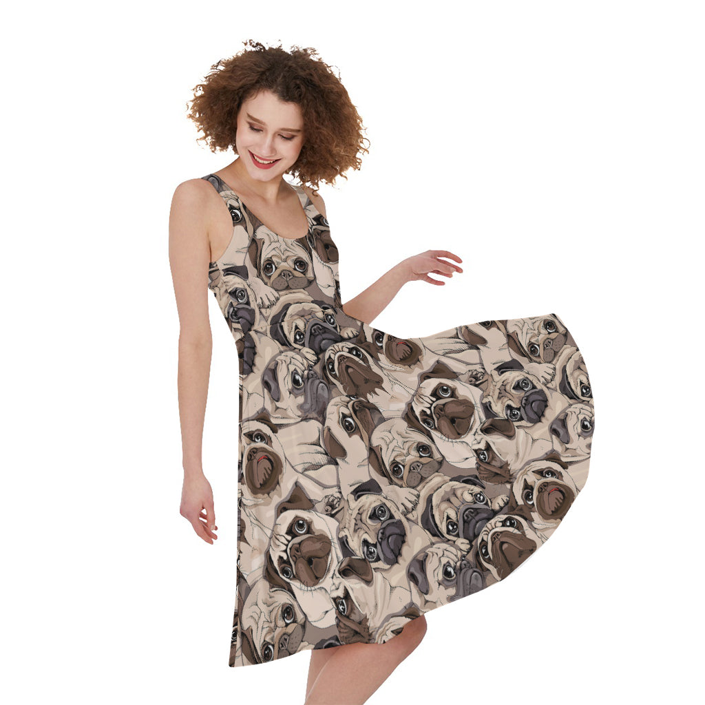 Cute Pug Pattern Print Women's Sleeveless Dress