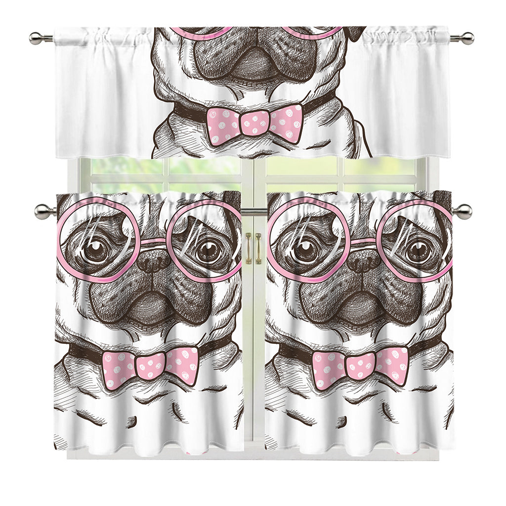 Cute Pug With Glasses Print 3 Piece Kitchen Curtains