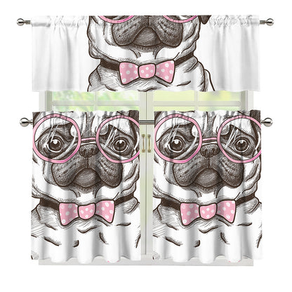 Cute Pug With Glasses Print 3 Piece Kitchen Curtains