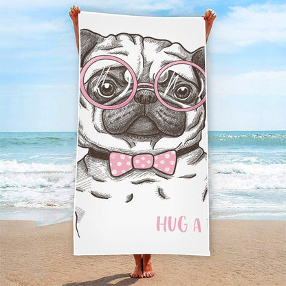 Cute Pug With Glasses Print Beach Towel