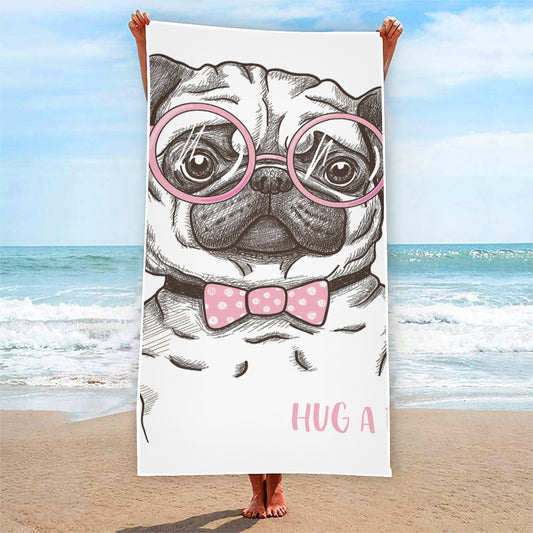 Cute Pug With Glasses Print Beach Towel