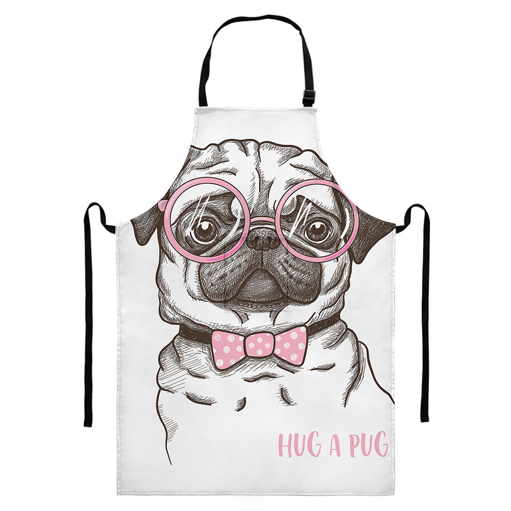Cute Pug With Glasses Print Bib Apron With Pocket
