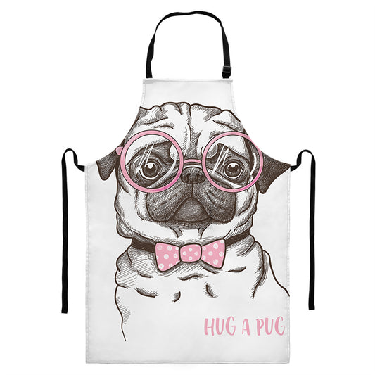 Cute Pug With Glasses Print Bib Apron With Pocket