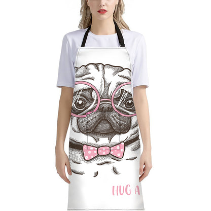Cute Pug With Glasses Print Bib Apron With Pocket