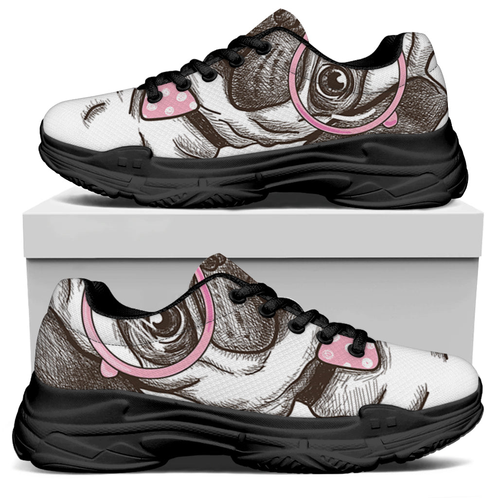 Cute Pug With Glasses Print Black Chunky Shoes