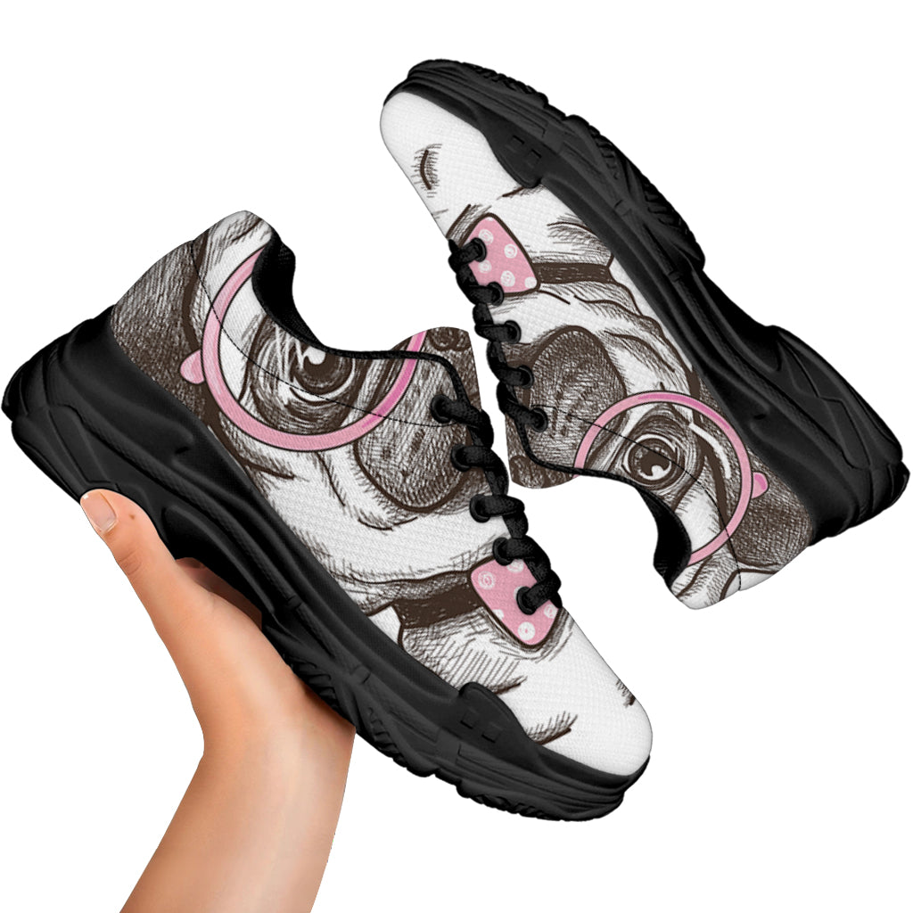 Cute Pug With Glasses Print Black Chunky Shoes