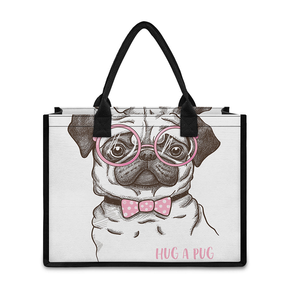 Cute Pug With Glasses Print Canvas Tote Bag