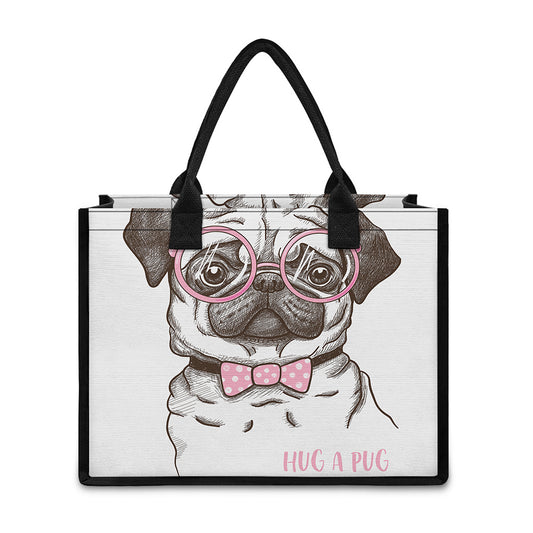Cute Pug With Glasses Print Canvas Tote Bag