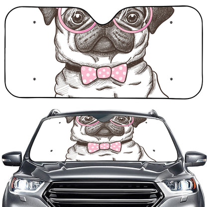 Cute Pug With Glasses Print Car Windshield Sun Shade