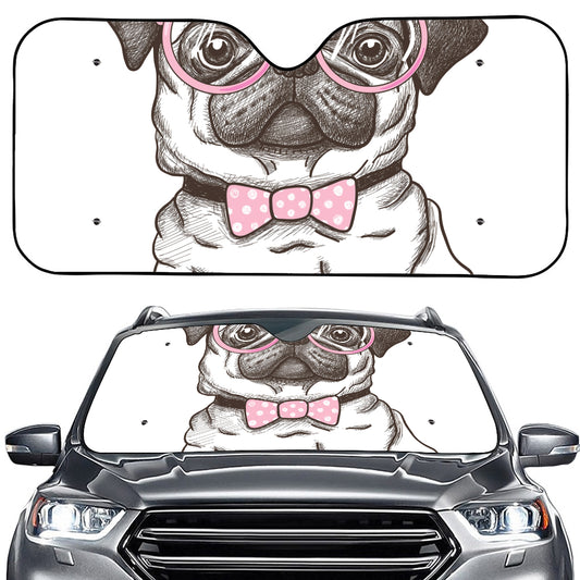 Cute Pug With Glasses Print Car Windshield Sun Shade