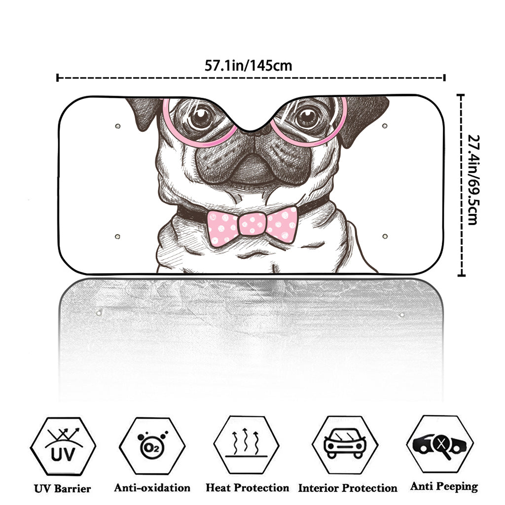 Cute Pug With Glasses Print Car Windshield Sun Shade