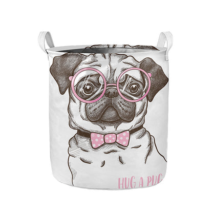 Cute Pug With Glasses Print Collapsible Laundry Basket