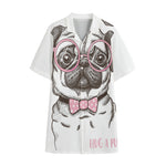 Cute Pug With Glasses Print Cotton Hawaiian Shirt