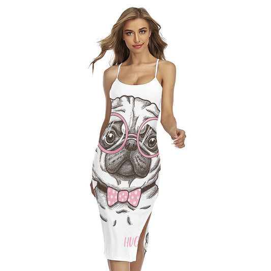 Cute Pug With Glasses Print Cross Back Cami Dress