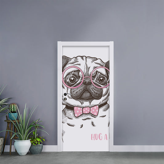 Cute Pug With Glasses Print Door Sticker