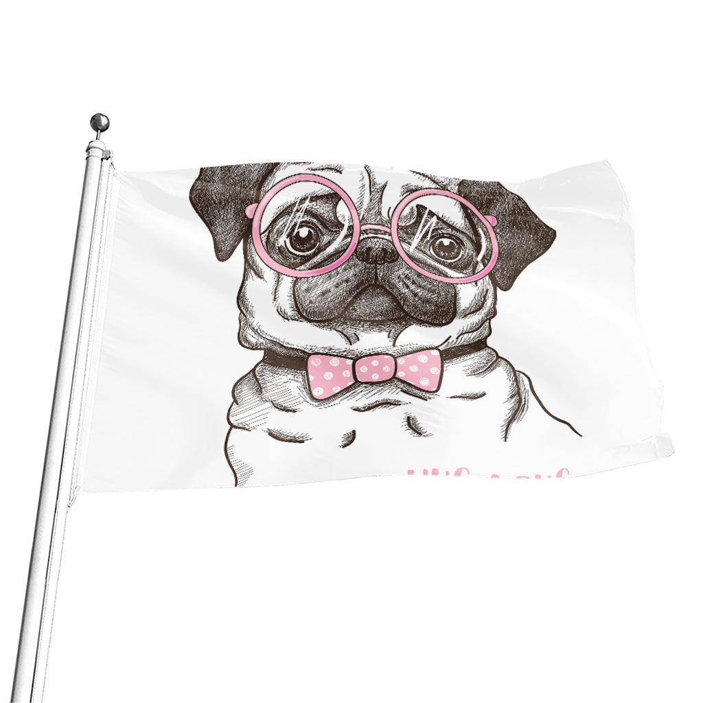 Cute Pug With Glasses Print Flag