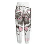 Cute Pug With Glasses Print Fleece Lined Knit Pants