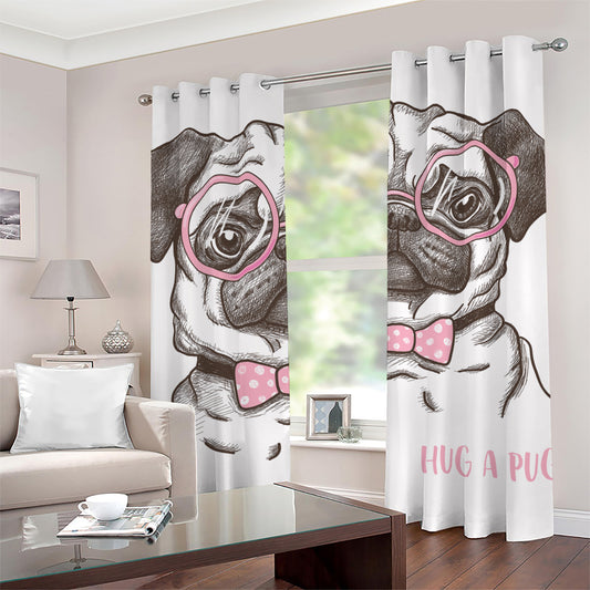 Cute Pug With Glasses Print Grommet Curtains