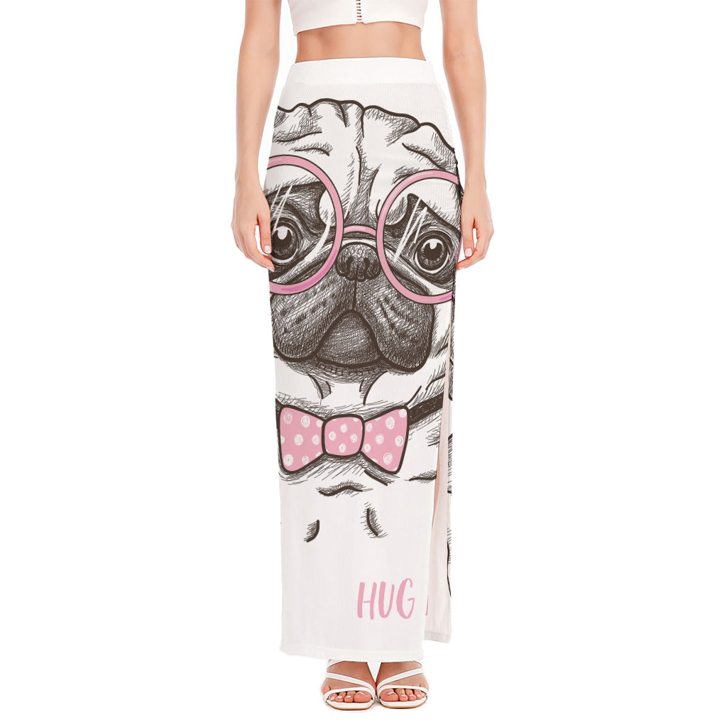 Cute Pug With Glasses Print High Slit Maxi Skirt
