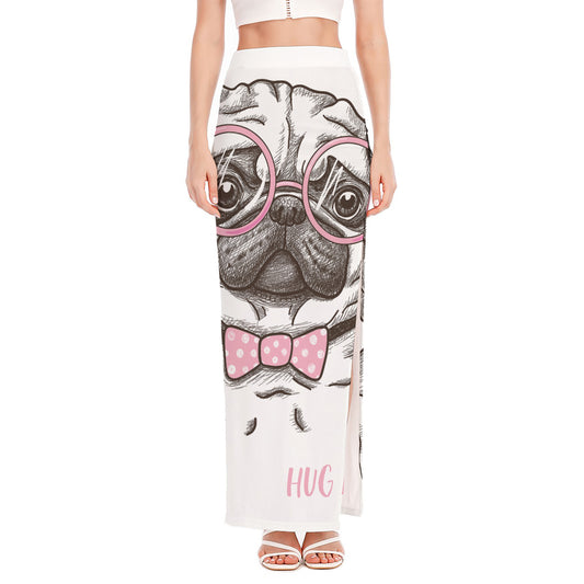 Cute Pug With Glasses Print High Slit Maxi Skirt