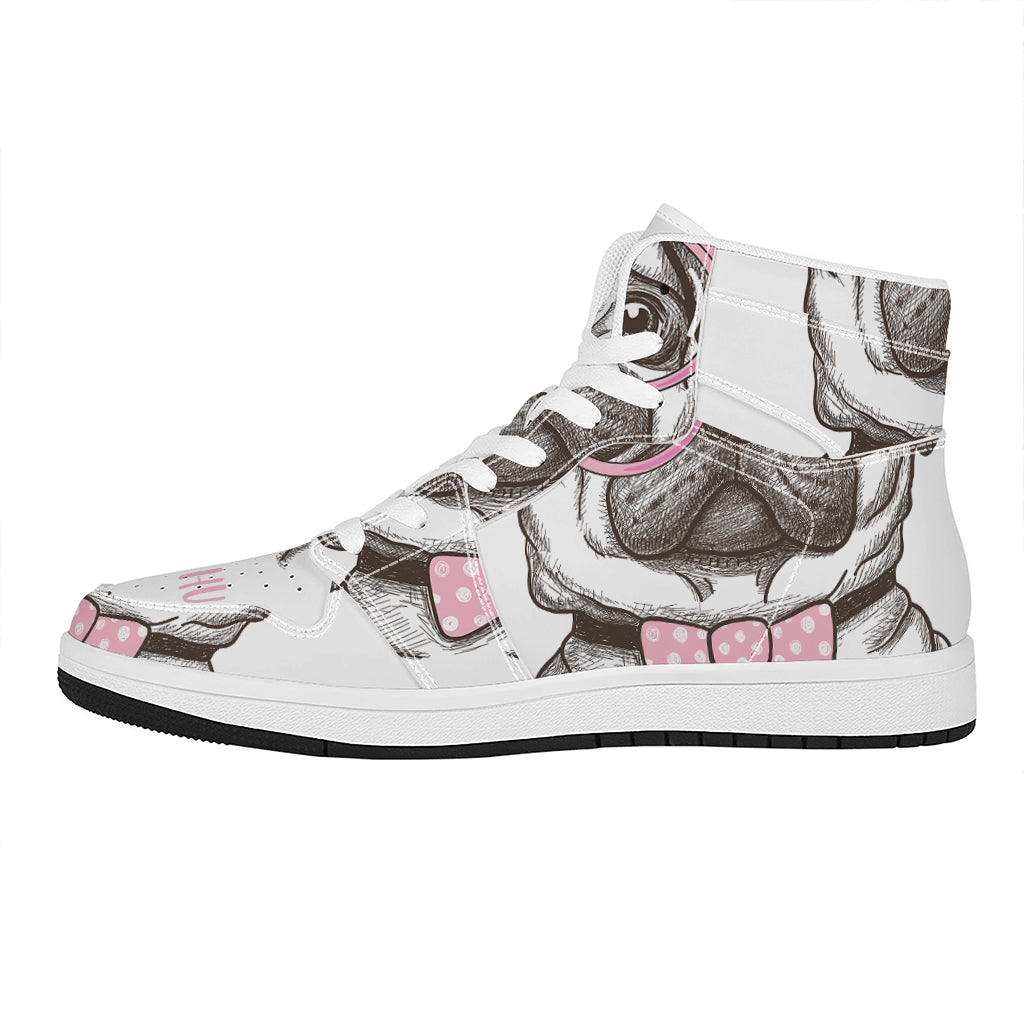 Cute Pug With Glasses Print High Top Leather Sneakers