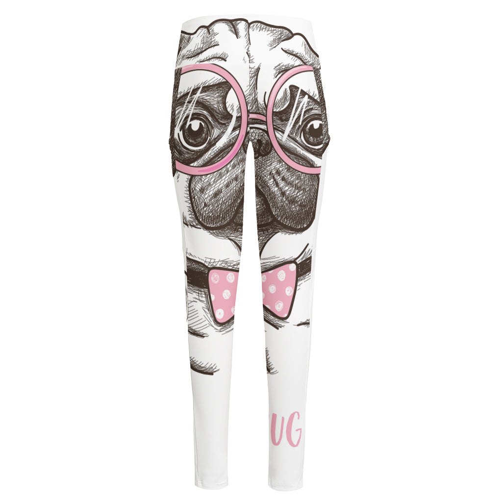 Cute Pug With Glasses Print High-Waisted Pocket Leggings