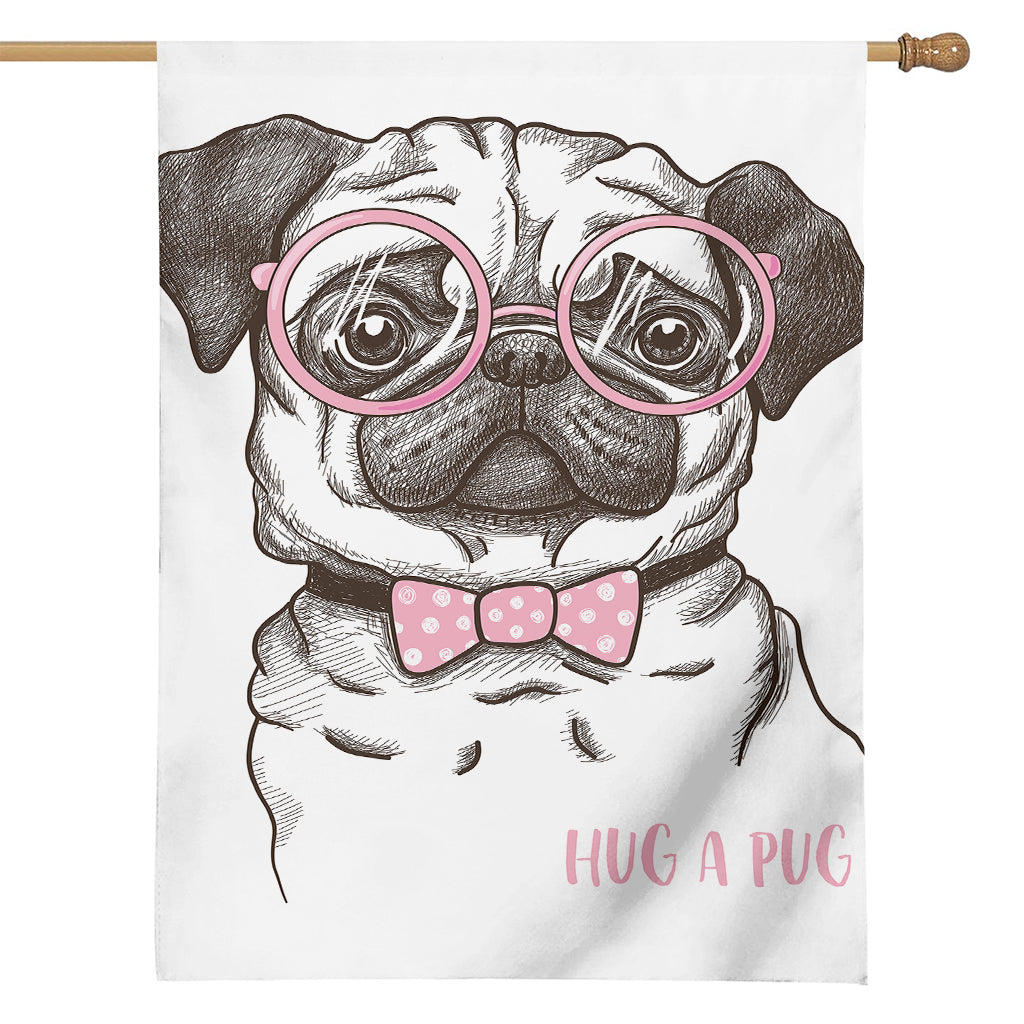 Cute Pug With Glasses Print House Flag