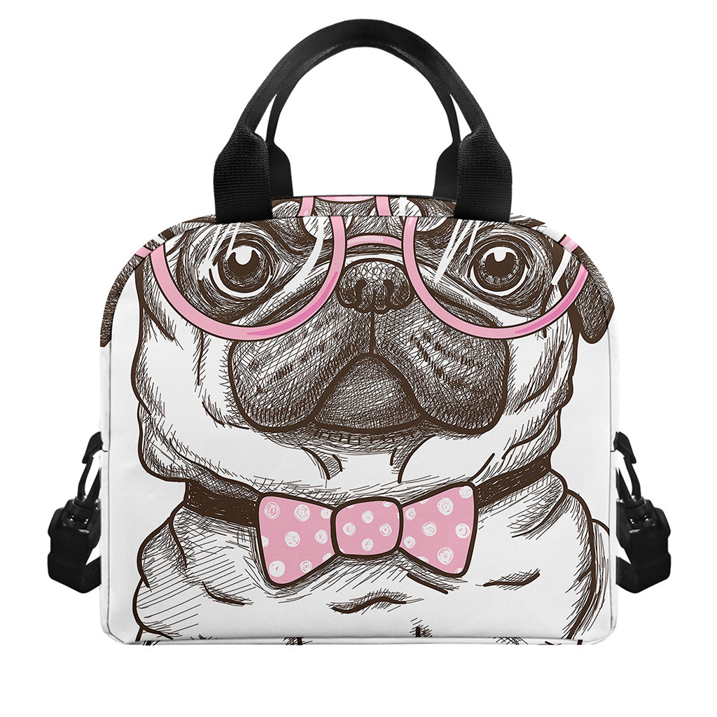 Cute Pug With Glasses Print Insulated Lunch Bag