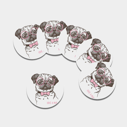 Cute Pug With Glasses Print Leather Coaster Set