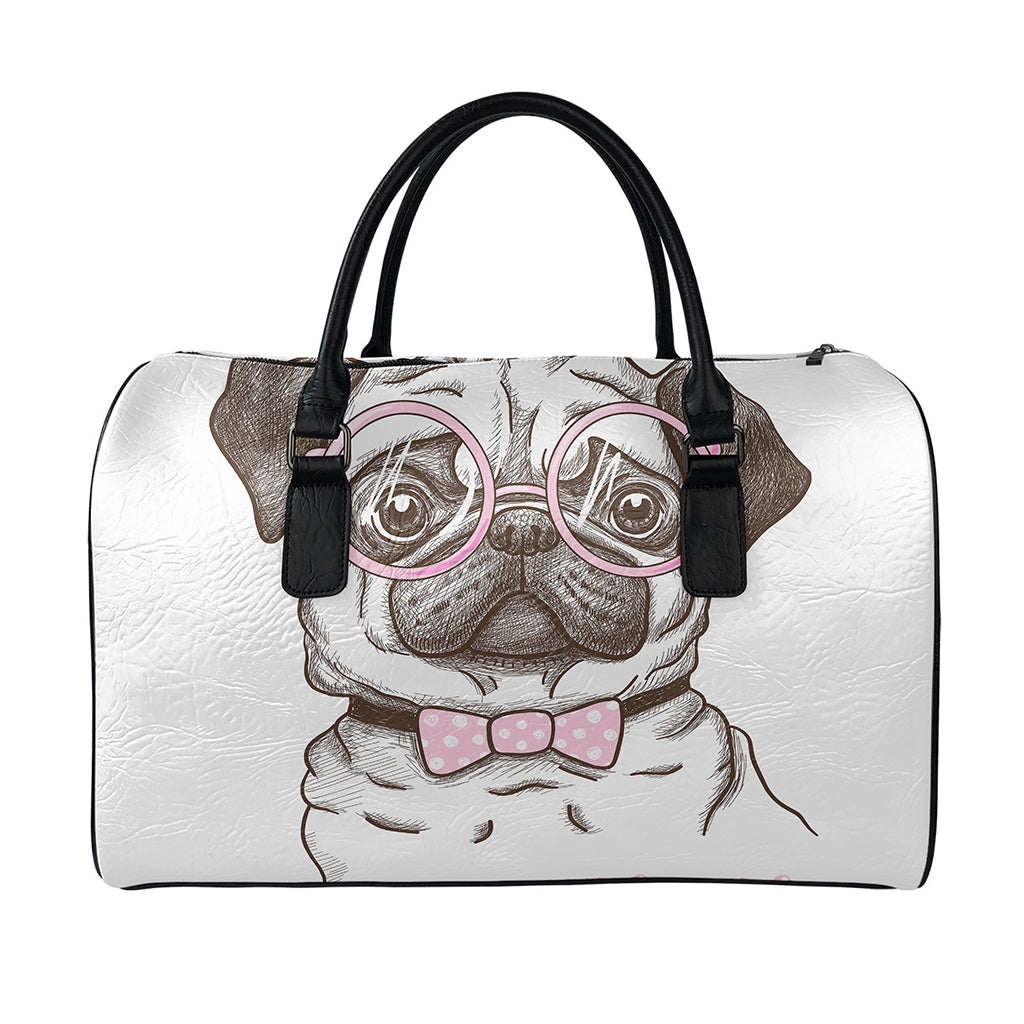 Cute Pug With Glasses Print Leather Duffle Bag