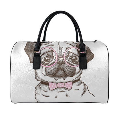 Cute Pug With Glasses Print Leather Duffle Bag