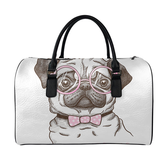 Cute Pug With Glasses Print Leather Duffle Bag