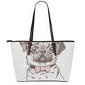Cute Pug With Glasses Print Leather Tote Bag With Zipper
