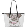 Cute Pug With Glasses Print Leather Tote Bag