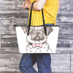 Cute Pug With Glasses Print Leather Tote Bag