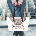 Cute Pug With Glasses Print Leather Tote Bag