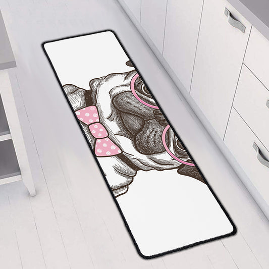 Cute Pug With Glasses Print Long Kitchen Mat