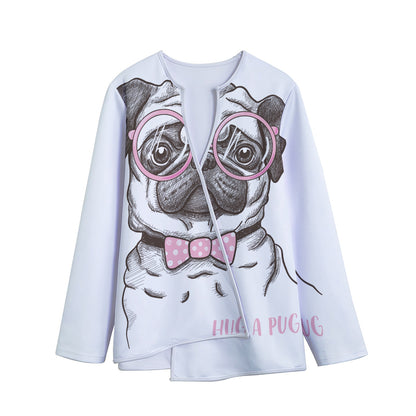 Cute Pug With Glasses Print Long Sleeve Short Coat