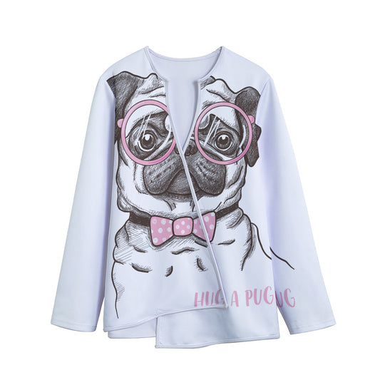 Cute Pug With Glasses Print Long Sleeve Short Coat