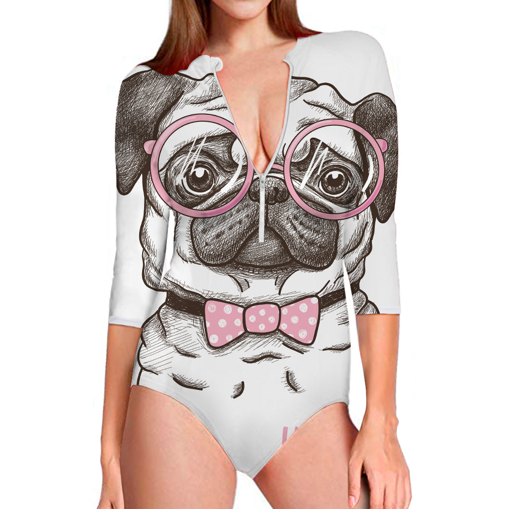 Cute Pug With Glasses Print Long Sleeve Swimsuit