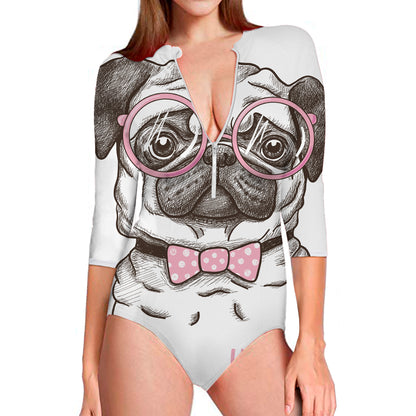 Cute Pug With Glasses Print Long Sleeve Swimsuit